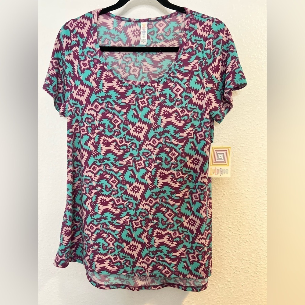 LuLaRoe Print Short Sleeve Top Pink and Teal Size S
